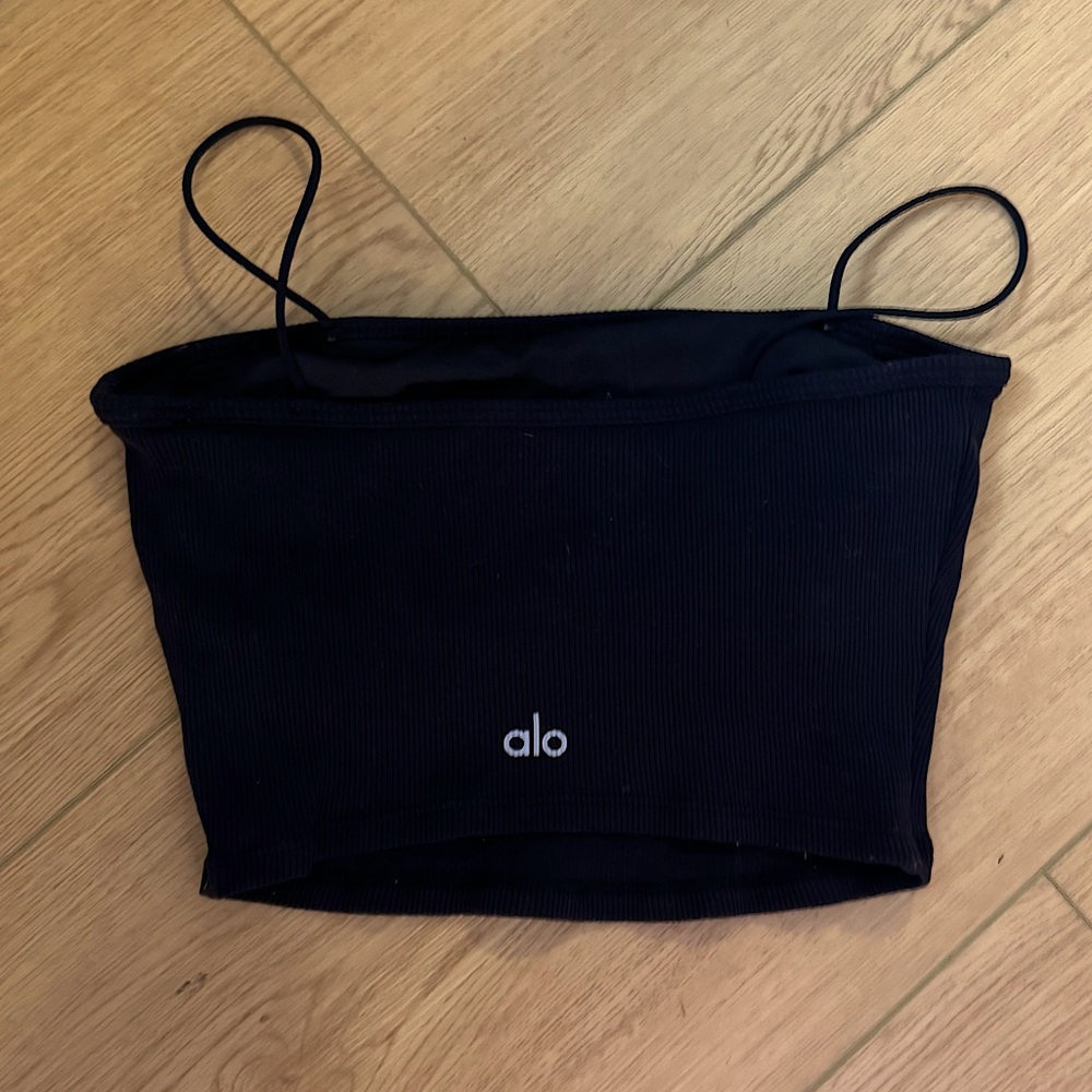 Alo Yoga Goddess Ribbed Bandeau Top Sz XS Black Built in bra camisole workout